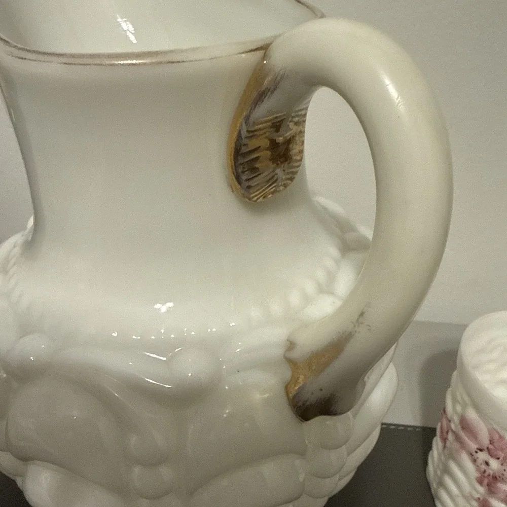 Antique Consolidated Glass Guttate Milk Glass Pitcher & Tumbler Set White Gold